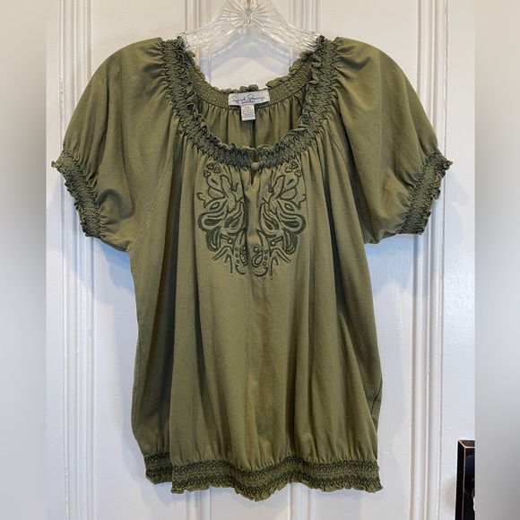 French Laundry Olive Green Embroidered Top with Gathered Edges - Size P/L - Picture 1 of 3